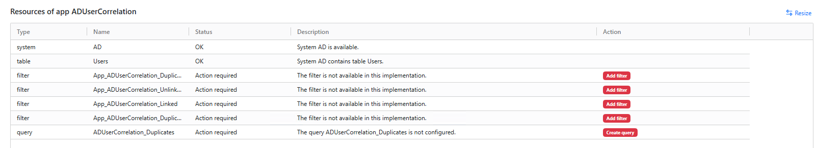 AD User Correlation App resources showing the AD system and Users table as OK, with Add filter and Create query actions for missing resources