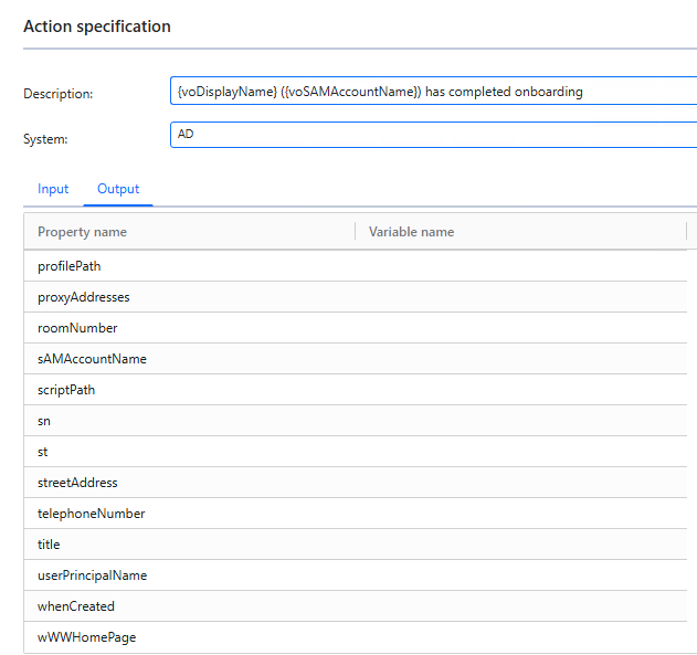 Onboarding action Output tab listing returned system properties and their variable-name fields