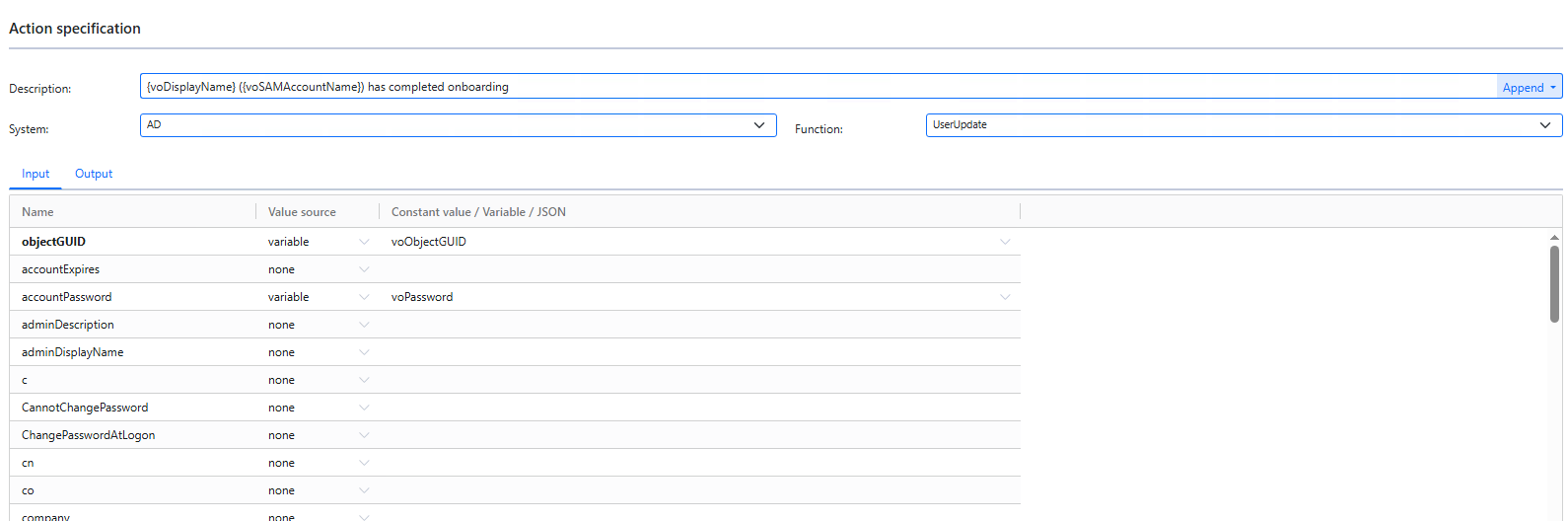 Onboarding action specification using AD UserUpdate with objectGUID mapped to voObjectGUID and accountPassword mapped to voPassword