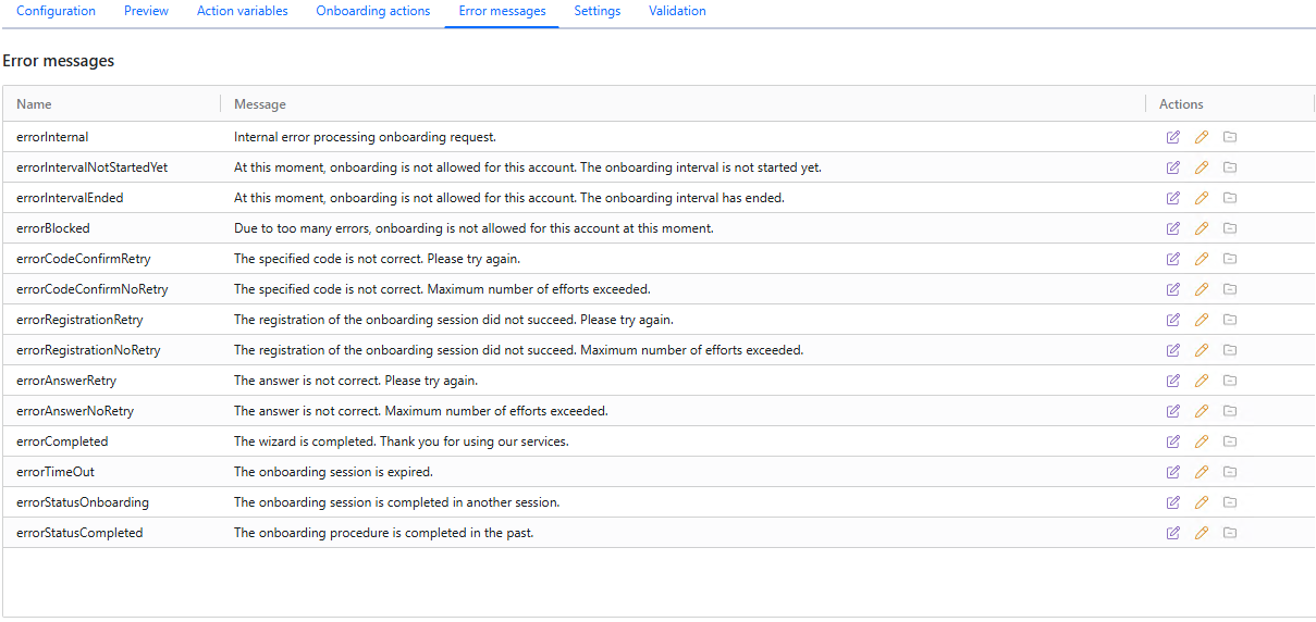 Error messages tab showing configurable onboarding interval, verification, registration, blocking, completion, and timeout messages