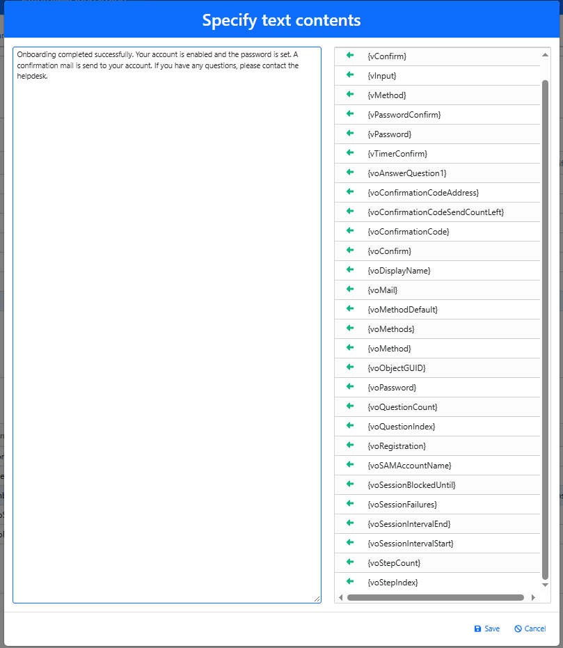 Specify text contents dialog with completion wording and a list of App and onboarding variables available to insert