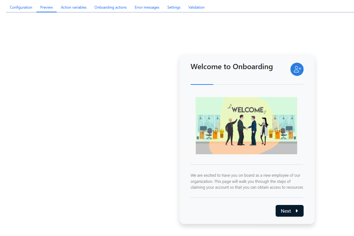 Preview tab showing the Onboarding welcome form