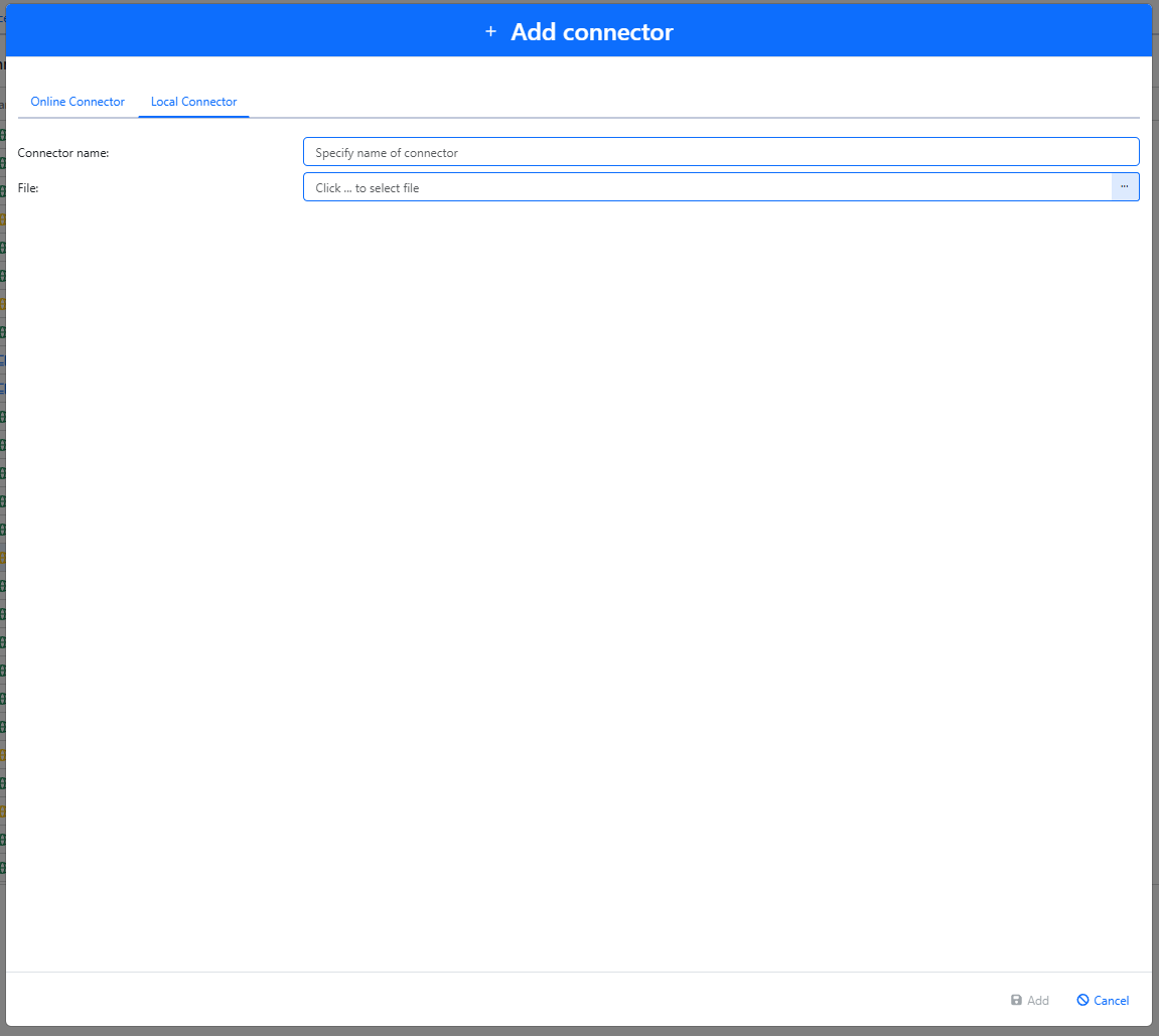 Local Connector tab with Connector name and File fields, a file selection button, and Add control