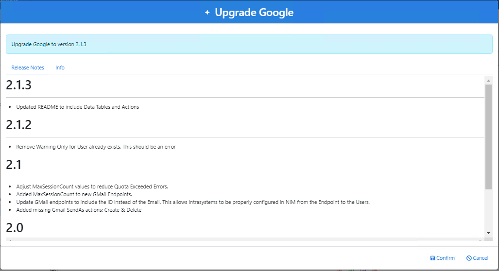 Connector upgrade screen showing the proposed version, Release Notes and Info tabs, and Confirm button